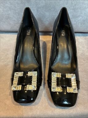 Elegant Black Faux Patent Pumps with Crystal Buckle